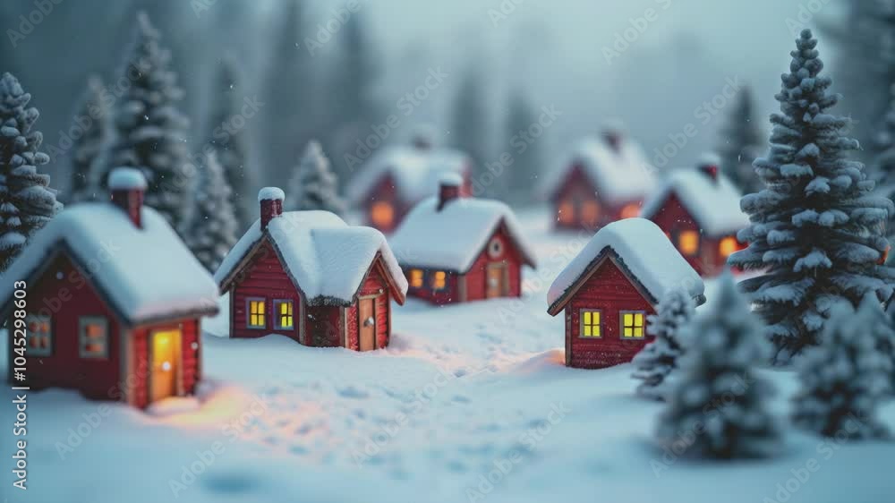 Miniature Snow-covered Christmas village houses with lit windows under a night sky and snowfall. Miniature Snow-covered Christmas village houses with lit windows under a night sky and snowfall.