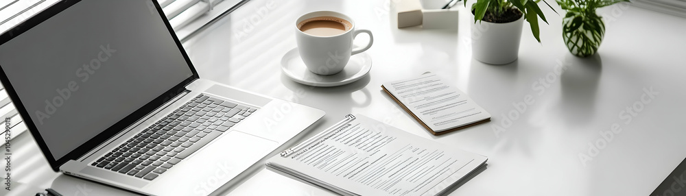 Modern Workspace Productivity Laptop Financial Documents Coffee Glossy White Desk Smooth Pan Efficiency Business Advertisement Copy Space Photo Stock Concept Modern Workspace Productivity Laptop Financial Documents Coffee Glossy White Desk Smooth Pan Efficiency Business Advertisement Copy Space Photo Stock Concept