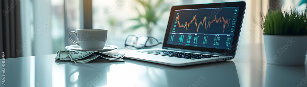 Sophisticated Office Desk Laptop Financial Graphs Coffee Currency Glossy White Surface Elegant Financial Insight High-End Financial Services Investment Firms Professional Business Services Photo Stock Sophisticated Office Desk Laptop Financial Graphs Coffee Currency Glossy White Surface Elegant Financial Insight High-End Financial Services Investment Firms Professional Business Services Photo Stock