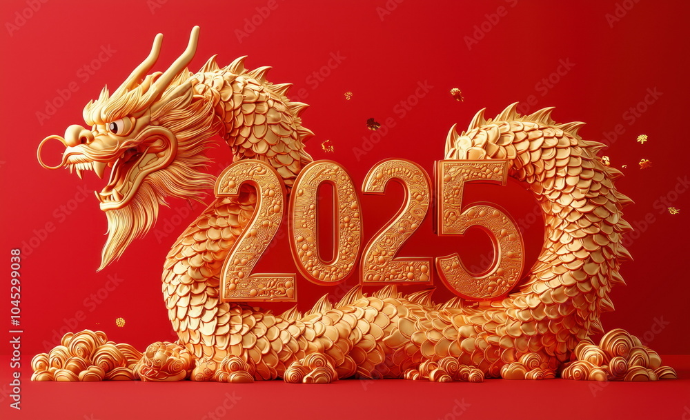 Obraz premium Ornate Golden Dragon Forming 2025 on Red Background for New Year