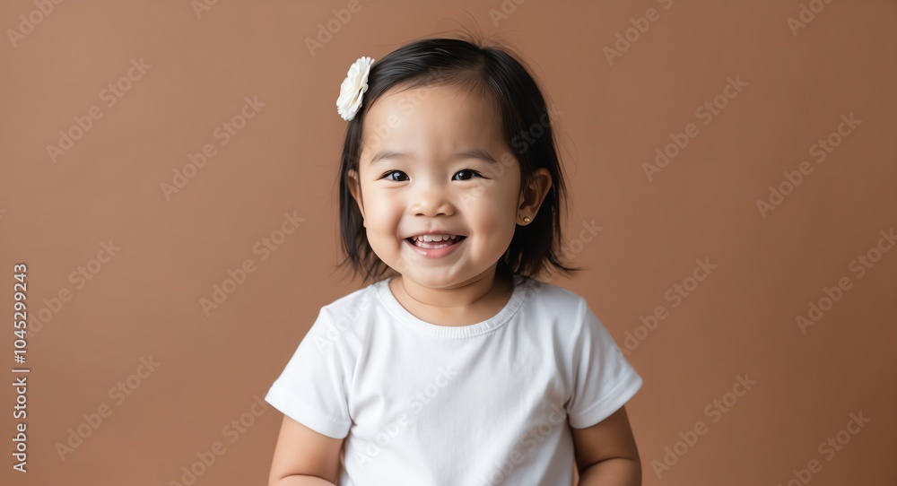 southeast asian toddler girl brown background wearing plain white tshirt smiling happy portrait southeast asian toddler girl brown background wearing plain white tshirt smiling happy portrait