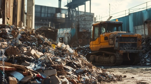 Recycling construction materials, with bricks, concrete, and metal being reused in new building projects.