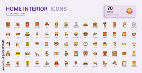 Home Decor colorful line web icon set. Containing decoration, interior designer, renovation, furniture and more. Minimal color icons. Editable vector stroke. Icon names are written in English.