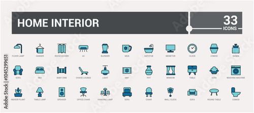 Home Decor colorful line web icon set. Containing decoration, interior designer, renovation, furniture and more. Minimal color icons. Editable vector stroke. Icon names are written in English.