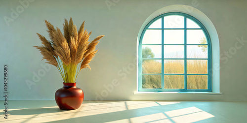 Bright, empty room with arched windows, herringbone parquet flooring and a potted plant. Perfect for showcasing interior design or as a background No.010 photo