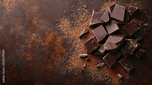 Dark Chocolate Pieces and Cocoa Powder Spread on Rustic Surface