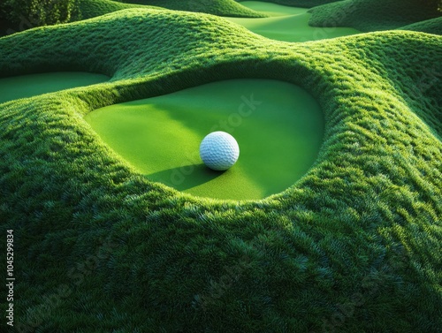 Grassy golf course with a golf ball on the green photo