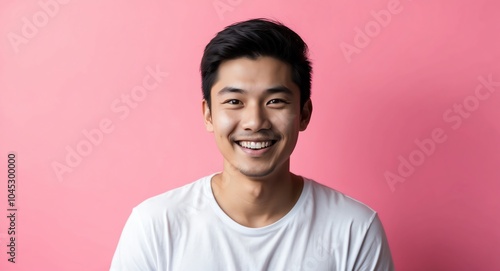 southeast asian young man pink background wearing plain white tshirt smiling happy portrait