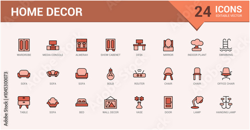 Home Decor colorful line web icon set. Containing decoration, interior designer, renovation, furniture and more. Minimal color icons. Editable vector stroke. Icon names are written in English.