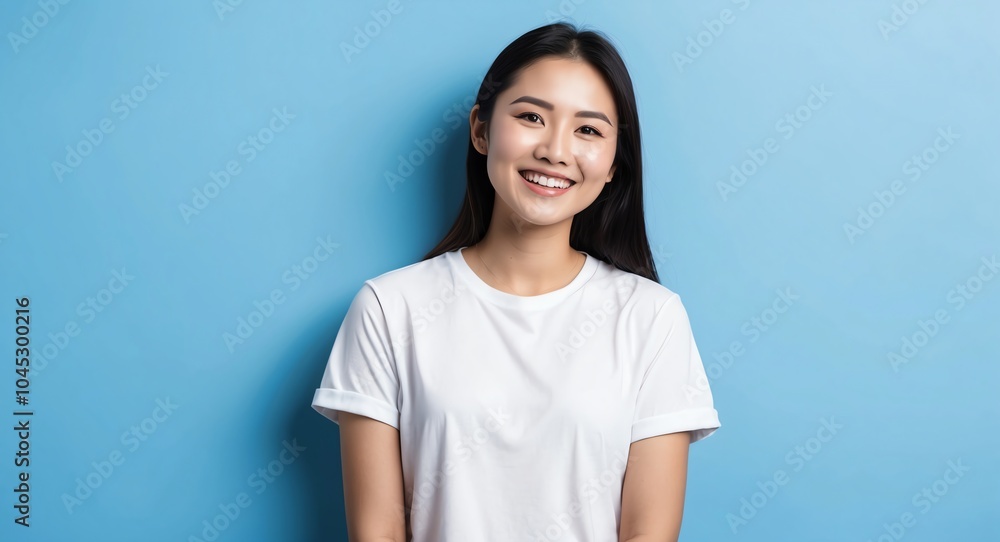 southeast asian young woman blue background wearing plain white tshirt smiling happy portrait southeast asian young woman blue background wearing plain white tshirt smiling happy portrait