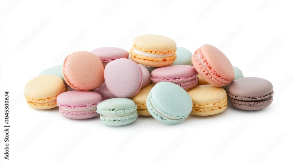 Pastel-colored Easter macarons arranged in a festive display, isolated on white background Pastel-colored Easter macarons arranged in a festive display, isolated on white background