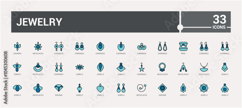 Jewelry colorful icons in linear and filled style. Contains such icons as elegance, boutique, wedding, vintage, glamour, diamond and more. Editable vector stroke. Icon names are written in English.