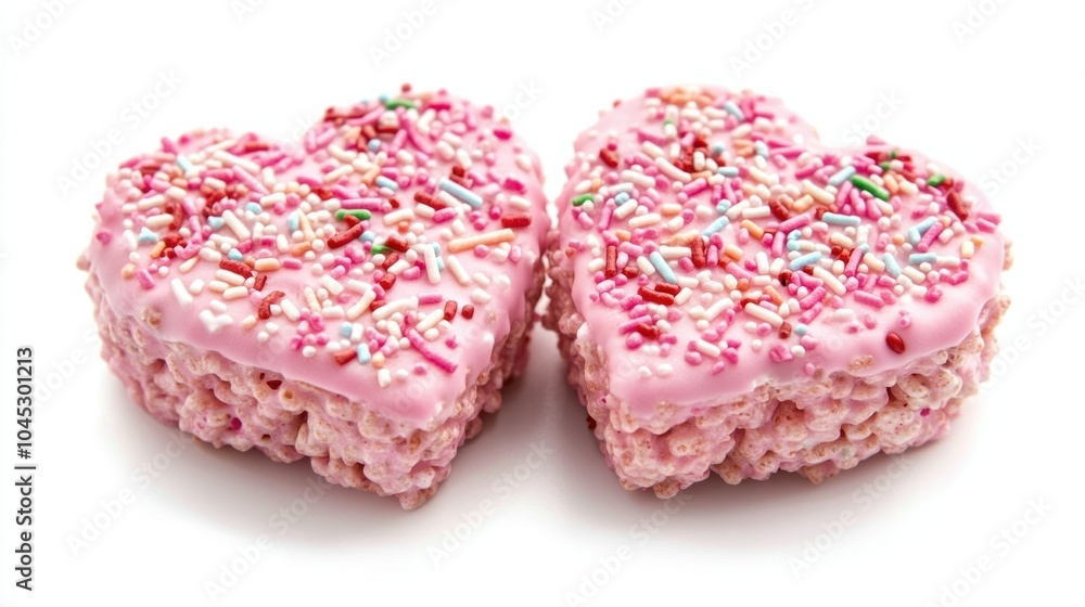 Obraz premium Pink heart-shaped rice crispy treats decorated with festive sprinkles, isolated on white background