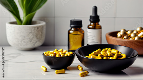 Elegant Presentation of Golden Capsules in Black Bowl on Marble Surface with Contrasting Liquid Bottles, Green Plant, and Natural Aesthetic: A Modern Close-Up of Health, Beauty
