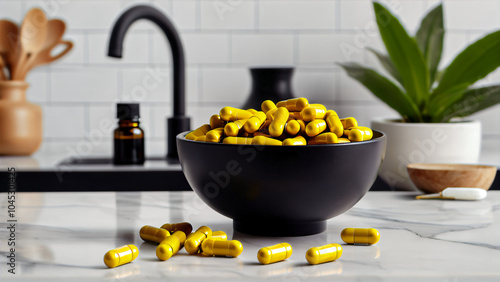 Elegant Presentation of Golden Capsules in Black Bowl on Marble Surface with Contrasting Liquid Bottles, Green Plant, and Natural Aesthetic: A Modern Close-Up of Health, Beauty