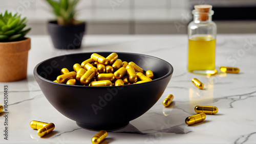 Elegant Presentation of Golden Capsules in Black Bowl on Marble Surface with Contrasting Liquid Bottles, Green Plant, and Natural Aesthetic: A Modern Close-Up of Health, Beauty