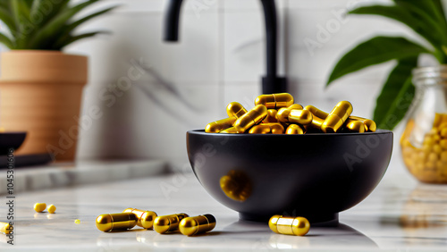 Elegant Presentation of Golden Capsules in Black Bowl on Marble Surface with Contrasting Liquid Bottles, Green Plant, and Natural Aesthetic: A Modern Close-Up of Health, Beauty