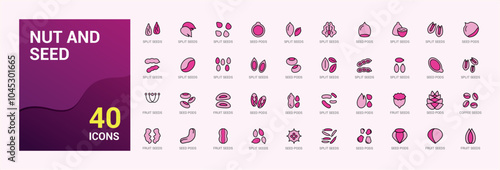 Nut And Seed colorful icon pack. Icons set with soybean, nuts, cocoa, coconut, coffee beans, nuts and seeds and more. Simple icon for mobile and web apps. Icon names are written in English.