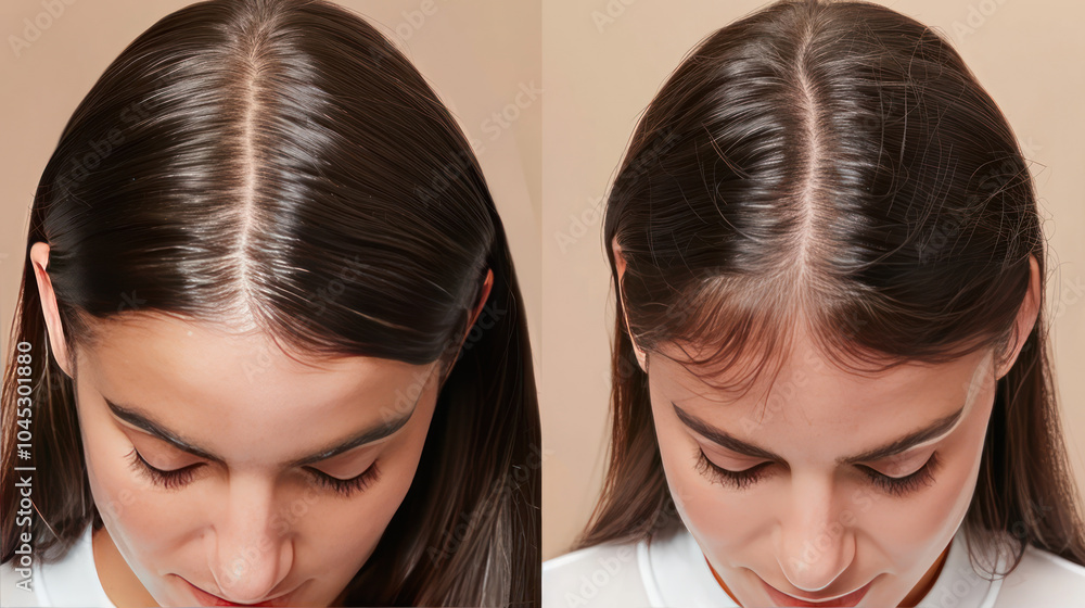 A before-and-after comparison of a model using a hair loss treatment kit, showing visible hair density improvement A before-and-after comparison of a model using a hair loss treatment kit, showing visible hair density improvement