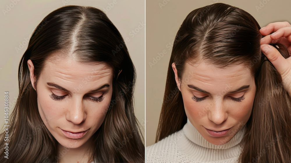 A before-and-after comparison of a model using a hair loss treatment kit, showing visible hair density improvement A before-and-after comparison of a model using a hair loss treatment kit, showing visible hair density improvement