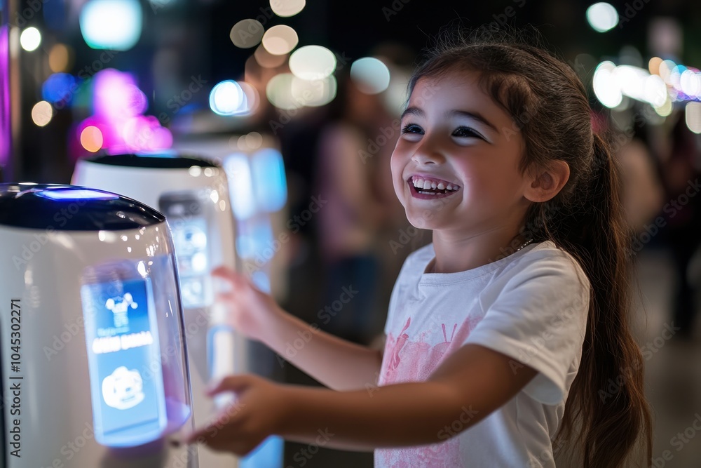 A joyful young girl interacts with a modern, glowing vending robot in an outdoor nighttime setting, embodying excitement, play, and the marvels of technology. A joyful young girl interacts with a modern, glowing vending robot in an outdoor nighttime setting, embodying excitement, play, and the marvels of technology.