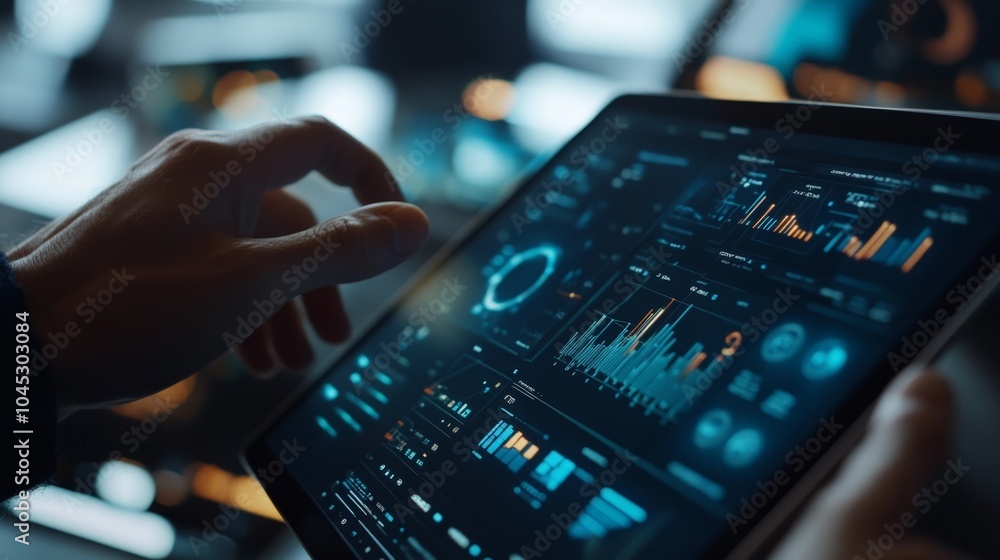 Obraz premium A close-up of hands from different team members collaborating on a tablet, with AI-generated data and charts appearing in real-time, showing the seamless integration of technology and teamwork