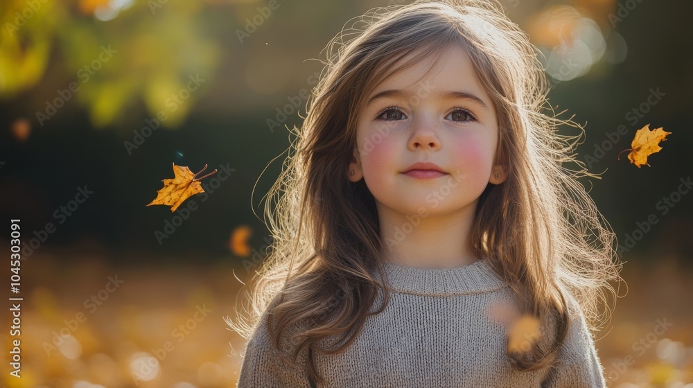 A young girl enjoying autumn, surrounded by falling leaves and a warm glow of nature, capturing innocence and joy in the moment. A young girl enjoying autumn, surrounded by falling leaves and a warm glow of nature, capturing innocence and joy in the moment.
