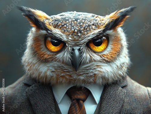 Close-up of an anthropomorphic owl in a vintage suit, highlighting wisdom and knowledge for educational institutions and academic promotions. Detailed view of suit and owl. photo