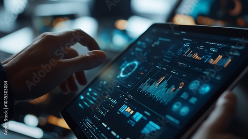 A close-up of hands from different team members collaborating on a tablet, with AI-generated data and charts appearing in real-time, showing the seamless integration of technology and teamwork