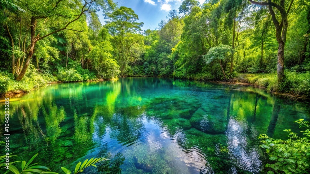 Clear pond reflections surrounded by lush greenery Clear pond reflections surrounded by lush greenery