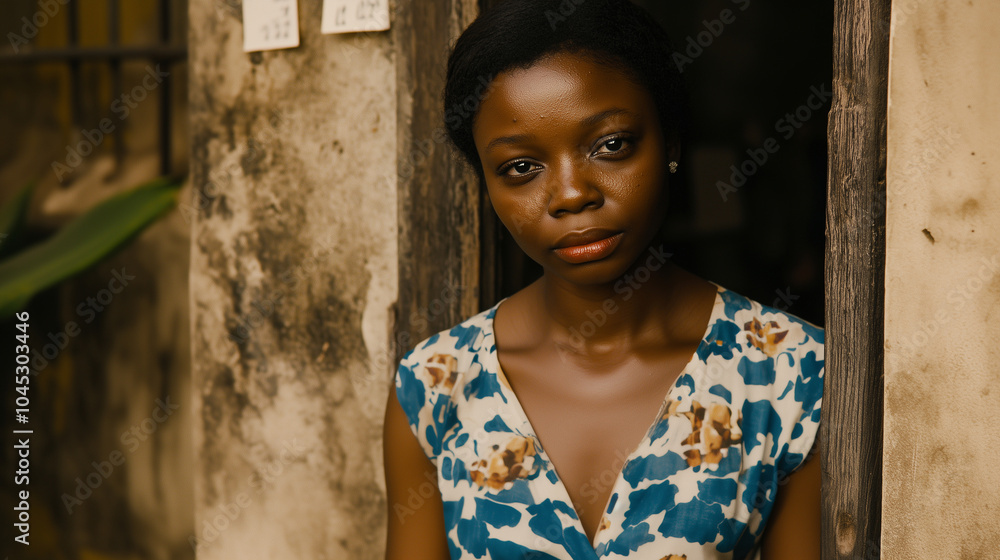 Fototapeta premium Portrait of a Black African woman from an underprivileged community conveying sadness and dejection, representing the emotional toll of poverty, inequality, bigotry, and oppressive social issues