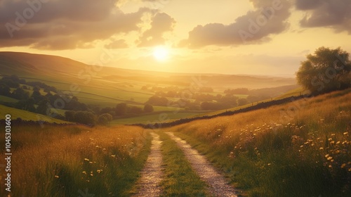 Golden Sunset Over Rolling Hills and Quiet Pathway in the Countryside