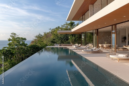 An elegant villa showcases a sleek infinity pool extending into an amazing ocean view, surrounded by lush greenery and flooded with natural light for a serene escape.