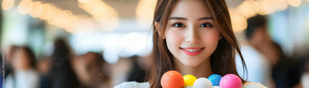 Businesswoman Distributing Branded Currency Shaped Stress Balls at Business Conference Networking Concept Image for Photo Stock - Candid Shot Isolated on White Background Businesswoman Distributing Branded Currency Shaped Stress Balls at Business Conference Networking Concept Image for Photo Stock - Candid Shot Isolated on White Background