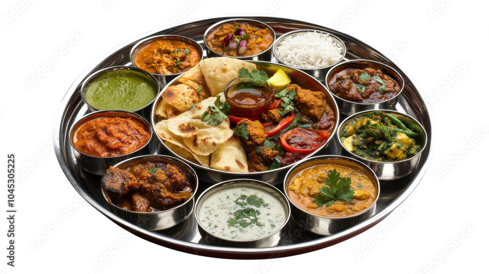 A vibrant Indian meal showcasing assorted dishes on a traditional stainless steel platter at a cozy restaurant table. A vibrant Indian meal showcasing assorted dishes on a traditional stainless steel platter at a cozy restaurant table.