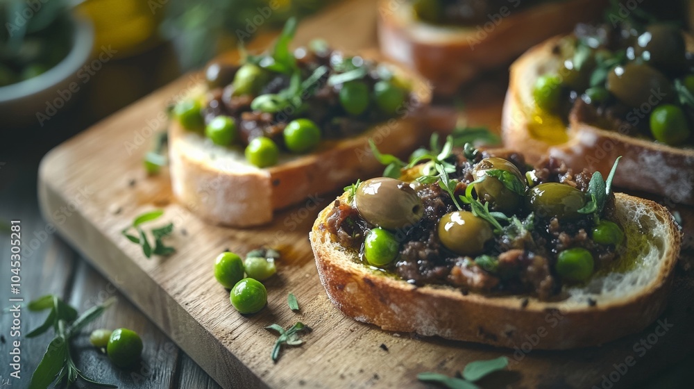 Delicious bread topped with olives and green peas served on a wooden board. Perfect for a light appetizer or snack. Delicious bread topped with olives and green peas served on a wooden board. Perfect for a light appetizer or snack.
