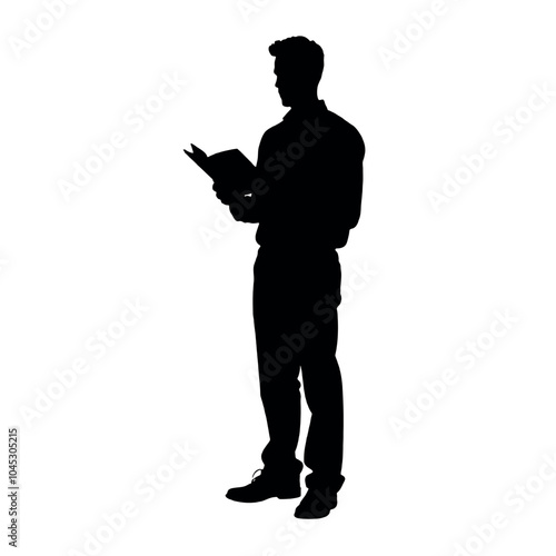 A silhouette of a woman standing and holding a book isolated white background