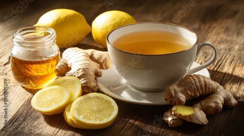 A cup of ginger tea with fresh ginger slices, honey jar, and lemon arranged on a wooden background, with soft morning light casting shadows, creating a peaceful and healthy breakfast scene