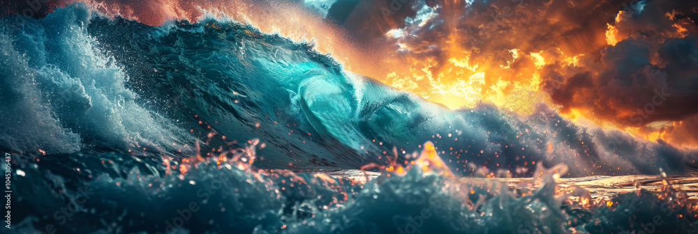 Surfer Riding Inside Giant Wave at Sunset, Ocean Waves, Surfing Extreme Sport Lifestyle Surfer Riding Inside Giant Wave at Sunset, Ocean Waves, Surfing Extreme Sport Lifestyle