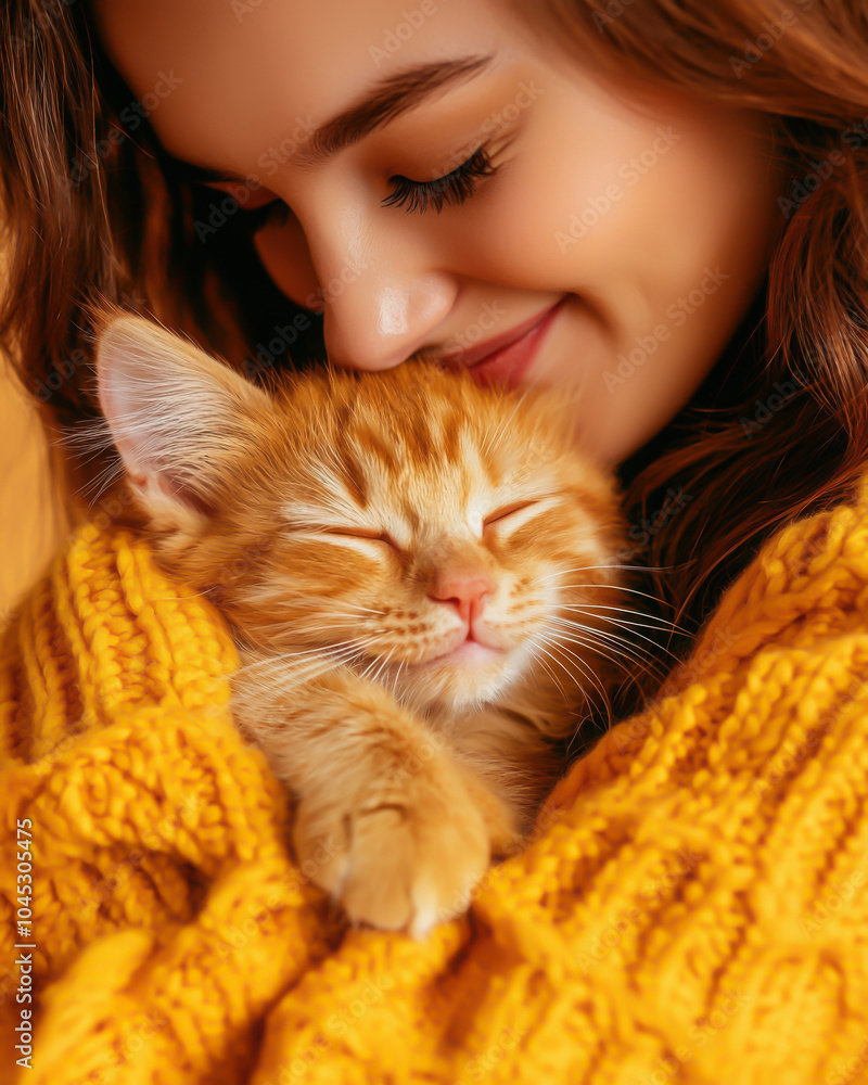 A warm moment between a girl and her happy orange cat, wrapped in a cozy yellow sweater, radiating love and comfort. A warm moment between a girl and her happy orange cat, wrapped in a cozy yellow sweater, radiating love and comfort.