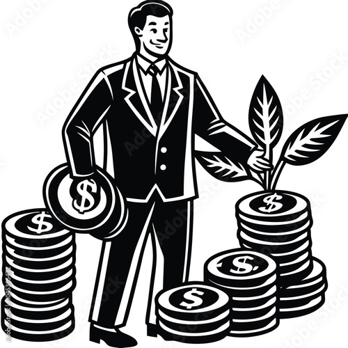 Investment growth: businessman growing wealth with coins, focusing on financial independence and profit