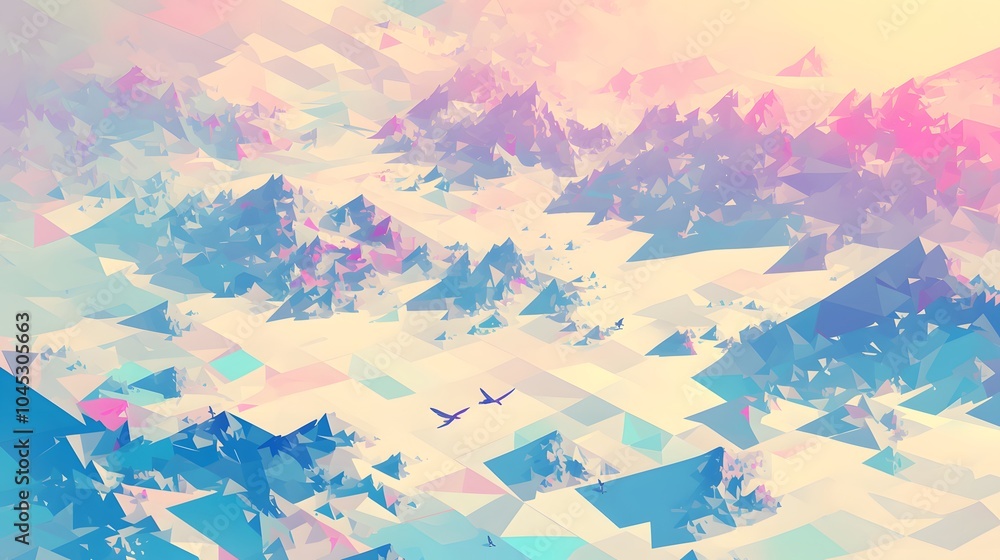 Fototapeta premium A mosaic of triangles in soft, pastel hues, arranged to form an abstract landscape of hills and valleys.
