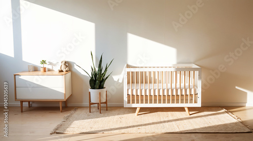 Baby crib with no people in modern cozy bedroom
