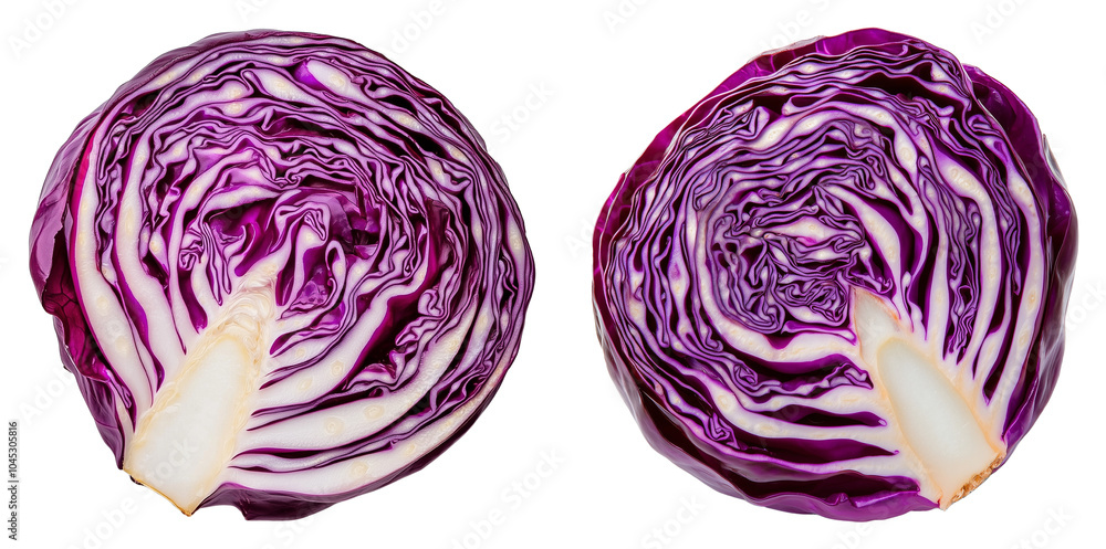 Halved Red Cabbages Displaying Vibrant Colors and Crisp Texture, Isolated on Transparent Background, Suitable for Vegetarian Dishes, Organic Food Packaging, or Grocery Illustrations Halved Red Cabbages Displaying Vibrant Colors and Crisp Texture, Isolated on Transparent Background, Suitable for Vegetarian Dishes, Organic Food Packaging, or Grocery Illustrations