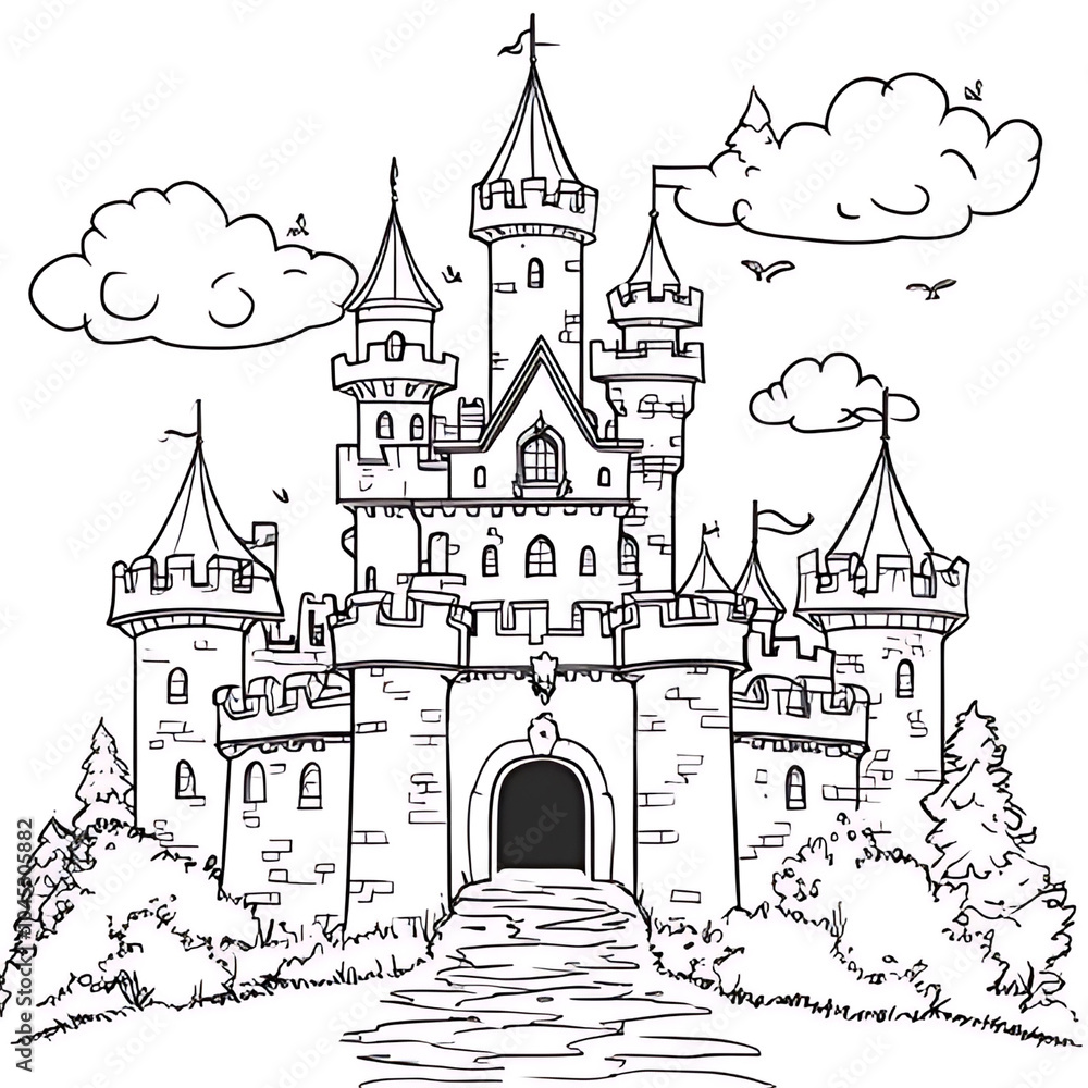 A simple line drawing of a fairytale castle with clouds, trees, and a drawbridge. A simple line drawing of a fairytale castle with clouds, trees, and a drawbridge.