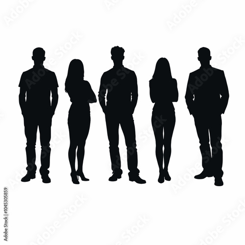 Five silhouettes of people standing together, including two men and three women of varying heights and builds