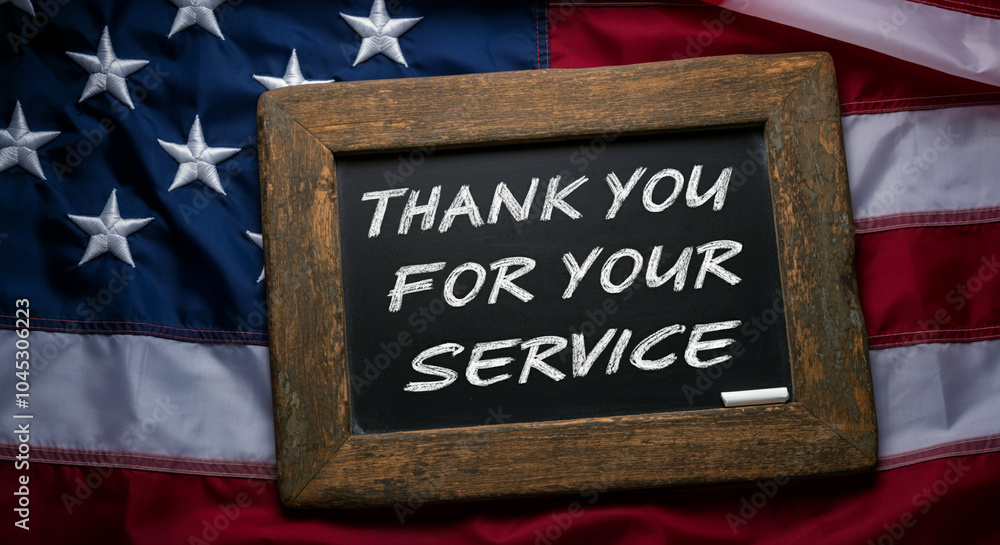 Chalkboard with 'Thank You for Your Service' message against American ...