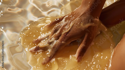 A close-up of body serum being massaged into the skin, targeting areas of discoloration and promoting even skin tone photo