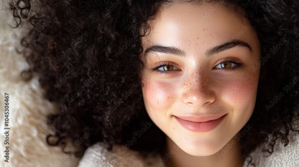 Close-up of a joyful young woman with curly hair, smiling softly against a cozy background of soft textiles and warmth. Close-up of a joyful young woman with curly hair, smiling softly against a cozy background of soft textiles and warmth.