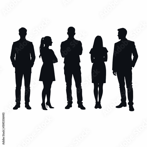 Five silhouettes of people standing together, including two men and three women of varying heights and builds